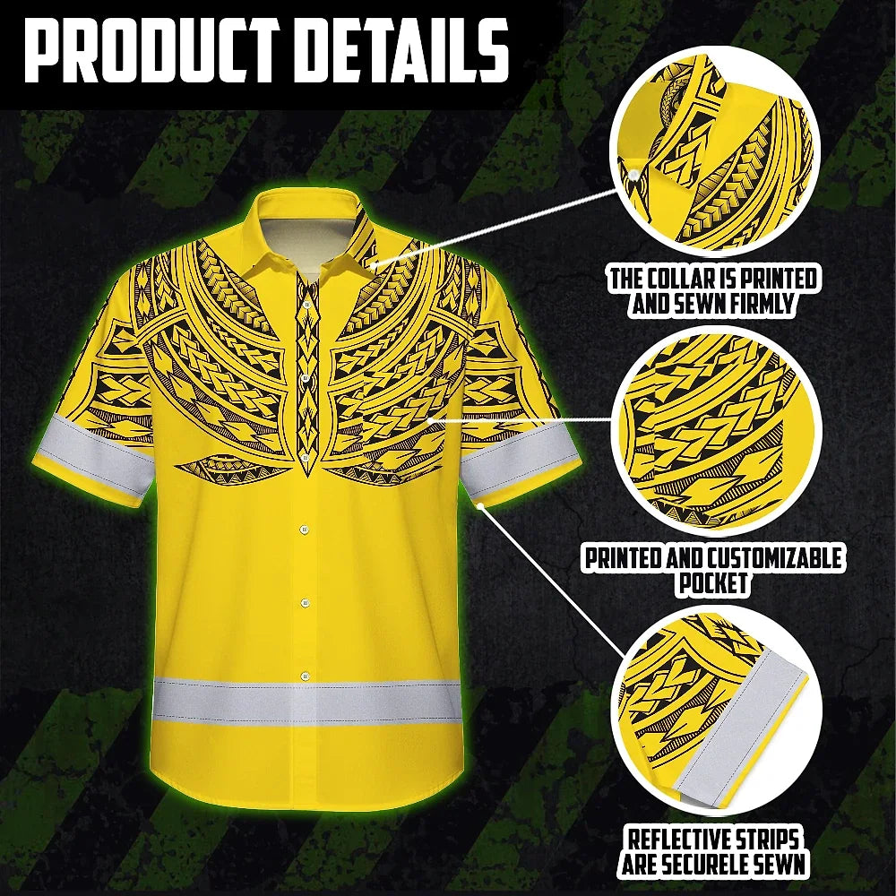 Hi Vis Hawaiian Shirt Reflective Tapes Yellow Black Polynesian Custom Name Safety Workwear For Workers, Truckers, Operators