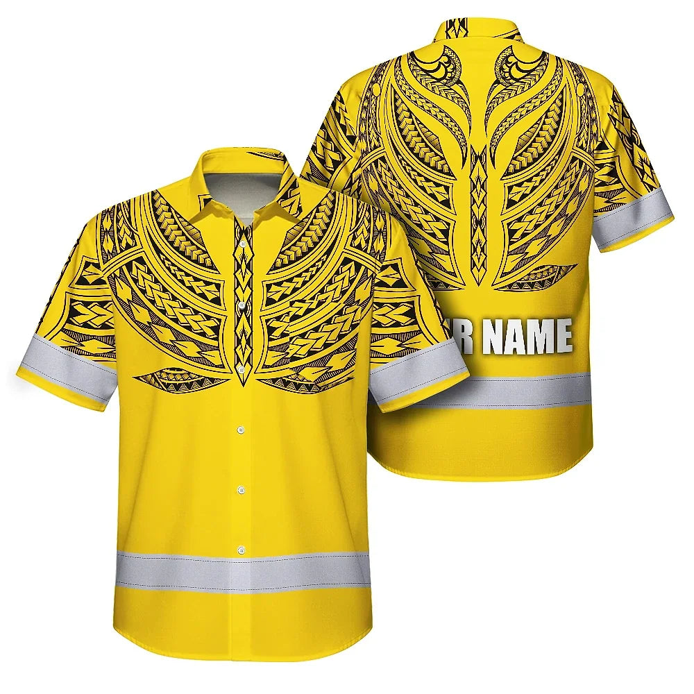 Hi Vis Hawaiian Shirt Reflective Tapes Yellow Black Polynesian Custom Name Safety Workwear For Workers, Truckers, Operators
