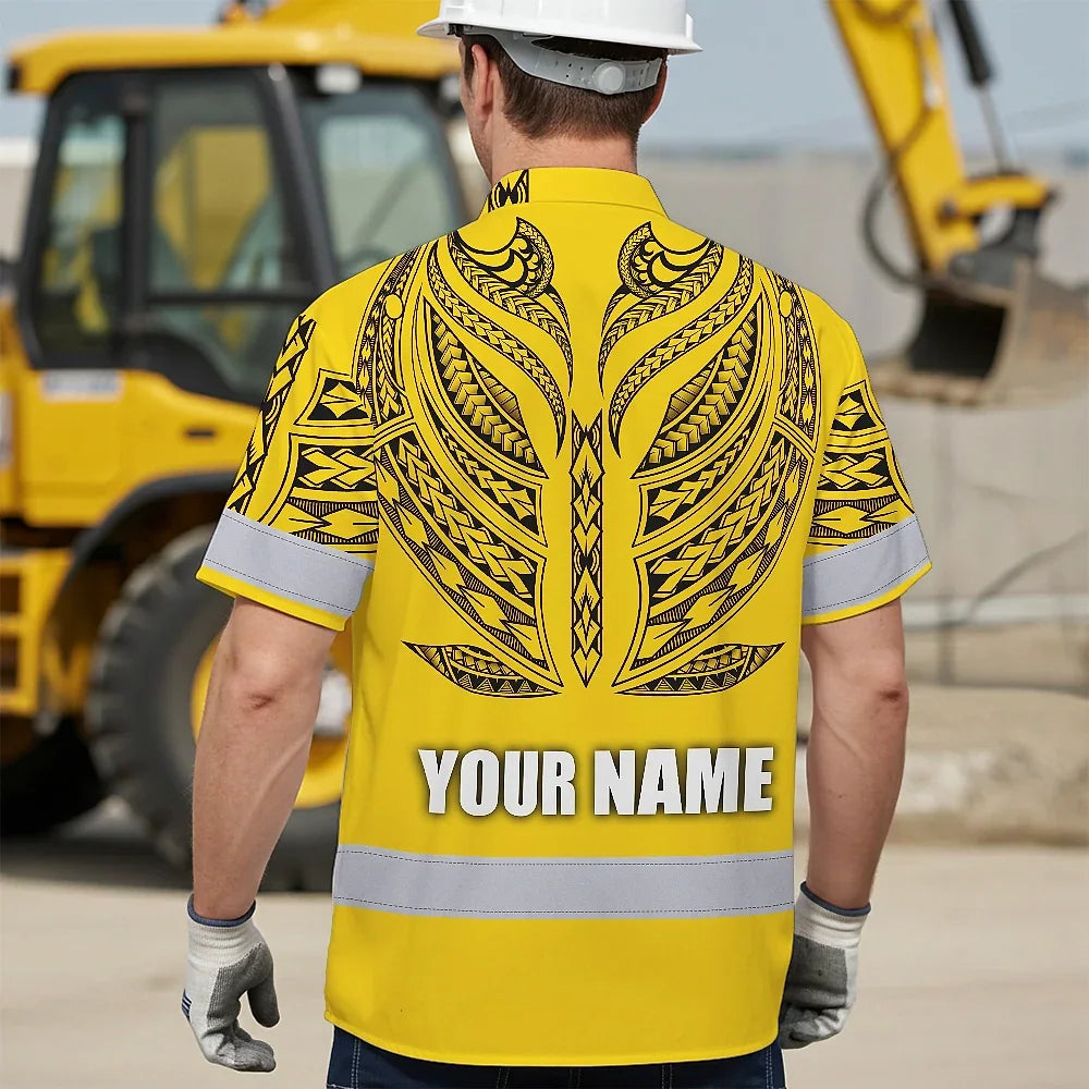 Hi Vis Hawaiian Shirt Reflective Tapes Yellow Black Polynesian Custom Name Safety Workwear For Workers, Truckers, Operators