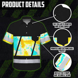 Hi Vis Hawaiian Shirt Reflective Tapes Yellow Blue Tie Dye Custom Name Safety Workwear For Workers, Runners, Cyclists