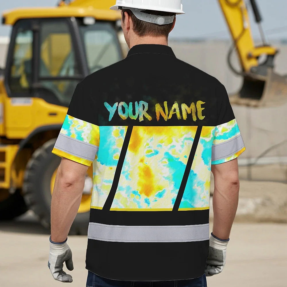 Hi Vis Hawaiian Shirt Reflective Tapes Yellow Blue Tie Dye Custom Name Safety Workwear For Workers, Runners, Cyclists