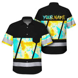 Hi Vis Hawaiian Shirt Reflective Tapes Yellow Blue Tie Dye Custom Name Safety Workwear For Workers, Runners, Cyclists