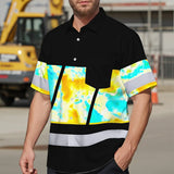 Hi Vis Hawaiian Shirt Reflective Tapes Yellow Blue Tie Dye Custom Name Safety Workwear For Workers, Runners, Cyclists