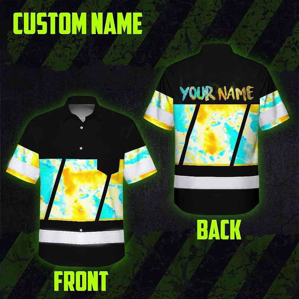 Hi Vis Hawaiian Shirt Reflective Tapes Yellow Blue Tie Dye Custom Name Safety Workwear For Workers, Runners, Cyclists