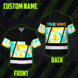 Hi Vis Hawaiian Shirt Reflective Tapes Yellow Blue Tie Dye Custom Name Safety Workwear For Workers, Runners, Cyclists