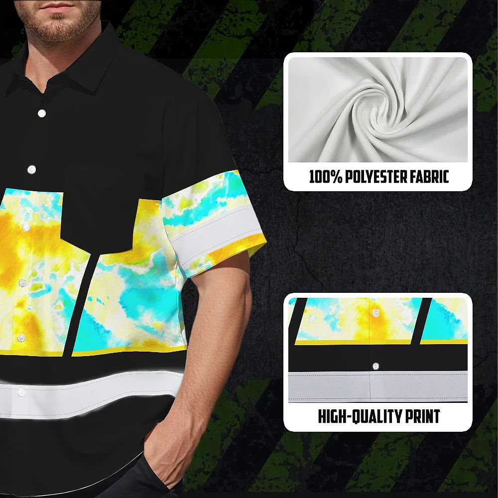 Hi Vis Hawaiian Shirt Reflective Tapes Yellow Blue Tie Dye Custom Name Safety Workwear For Workers, Runners, Cyclists