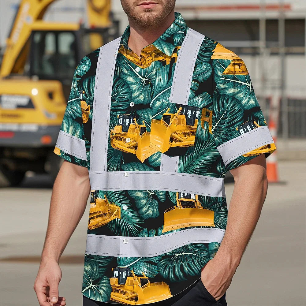 Hi Vis Hawaiian Shirt Reflective Tapes Yellow Bulldozer Custom Name Safety Workwear For Workers, Truckers, Operators