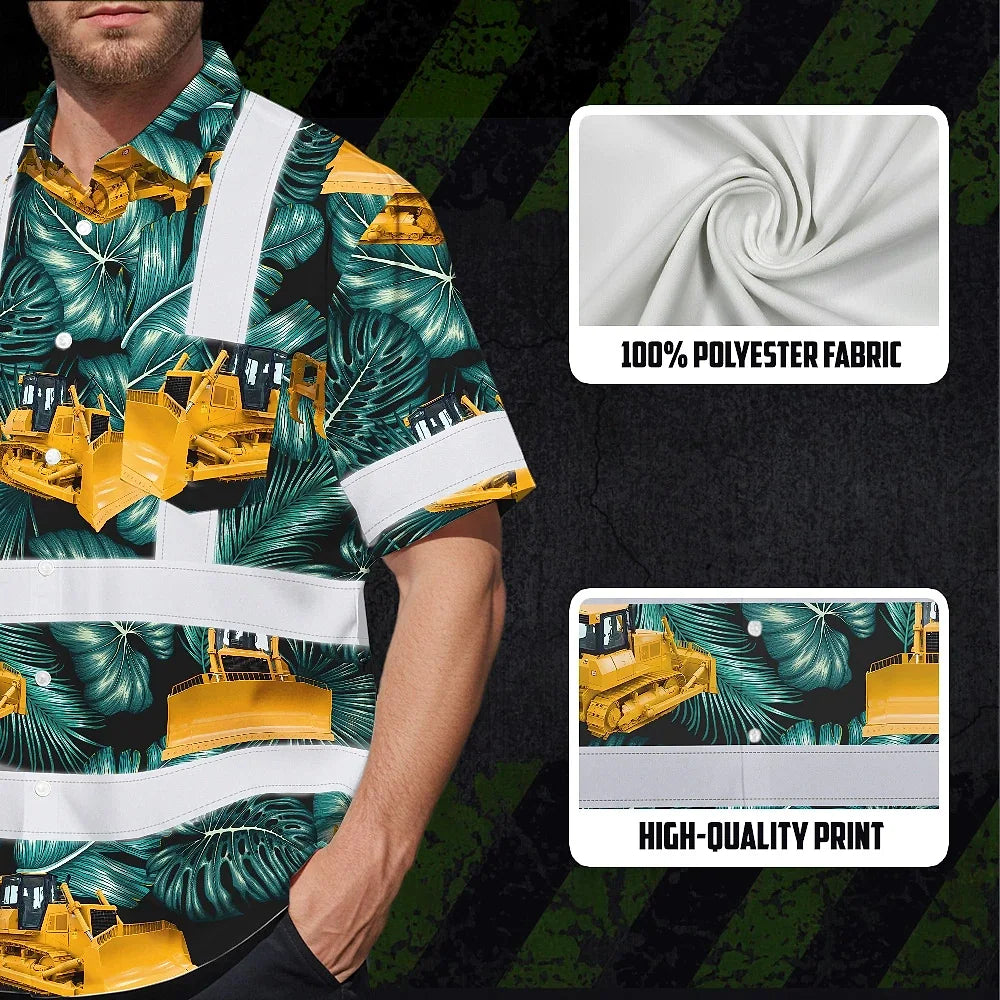 Hi Vis Hawaiian Shirt Reflective Tapes Yellow Bulldozer Custom Name Safety Workwear For Workers, Truckers, Operators