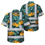Hi Vis Hawaiian Shirt Reflective Tapes Yellow Bulldozer Custom Name Safety Workwear For Workers, Truckers, Operators