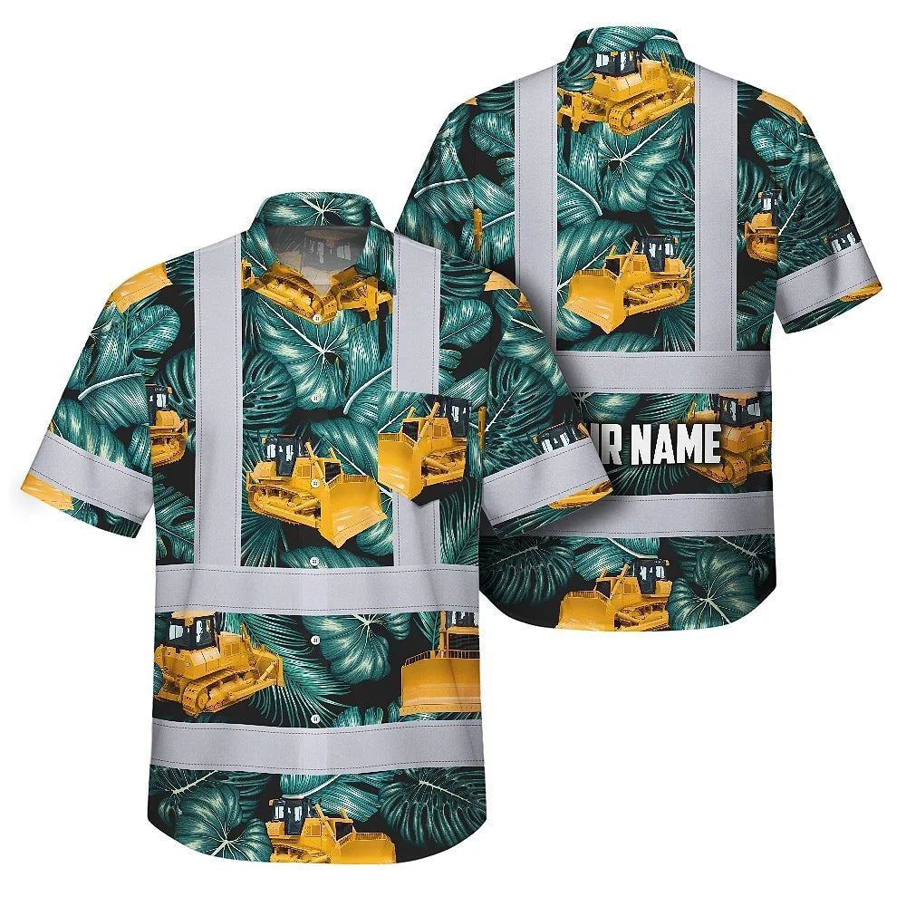Hi Vis Hawaiian Shirt Reflective Tapes Yellow Bulldozer Custom Name Safety Workwear For Workers, Truckers, Operators