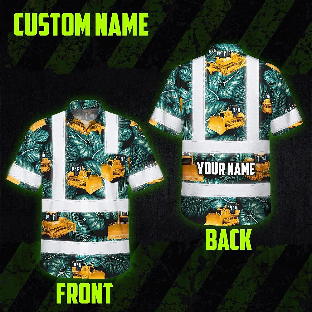 Hi Vis Hawaiian Shirt Reflective Tapes Yellow Bulldozer Custom Name Safety Workwear For Workers, Truckers, Operators