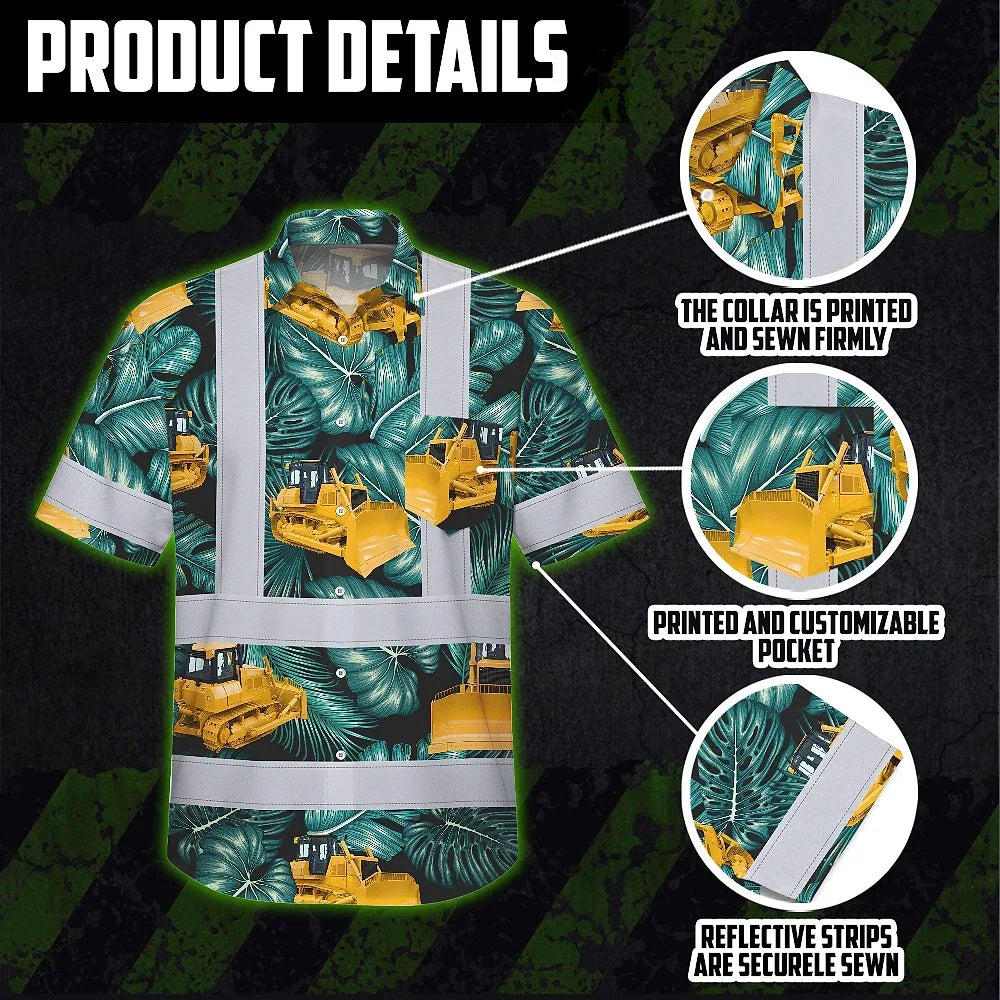 Hi Vis Hawaiian Shirt Reflective Tapes Yellow Bulldozer Custom Name Safety Workwear For Workers, Truckers, Operators