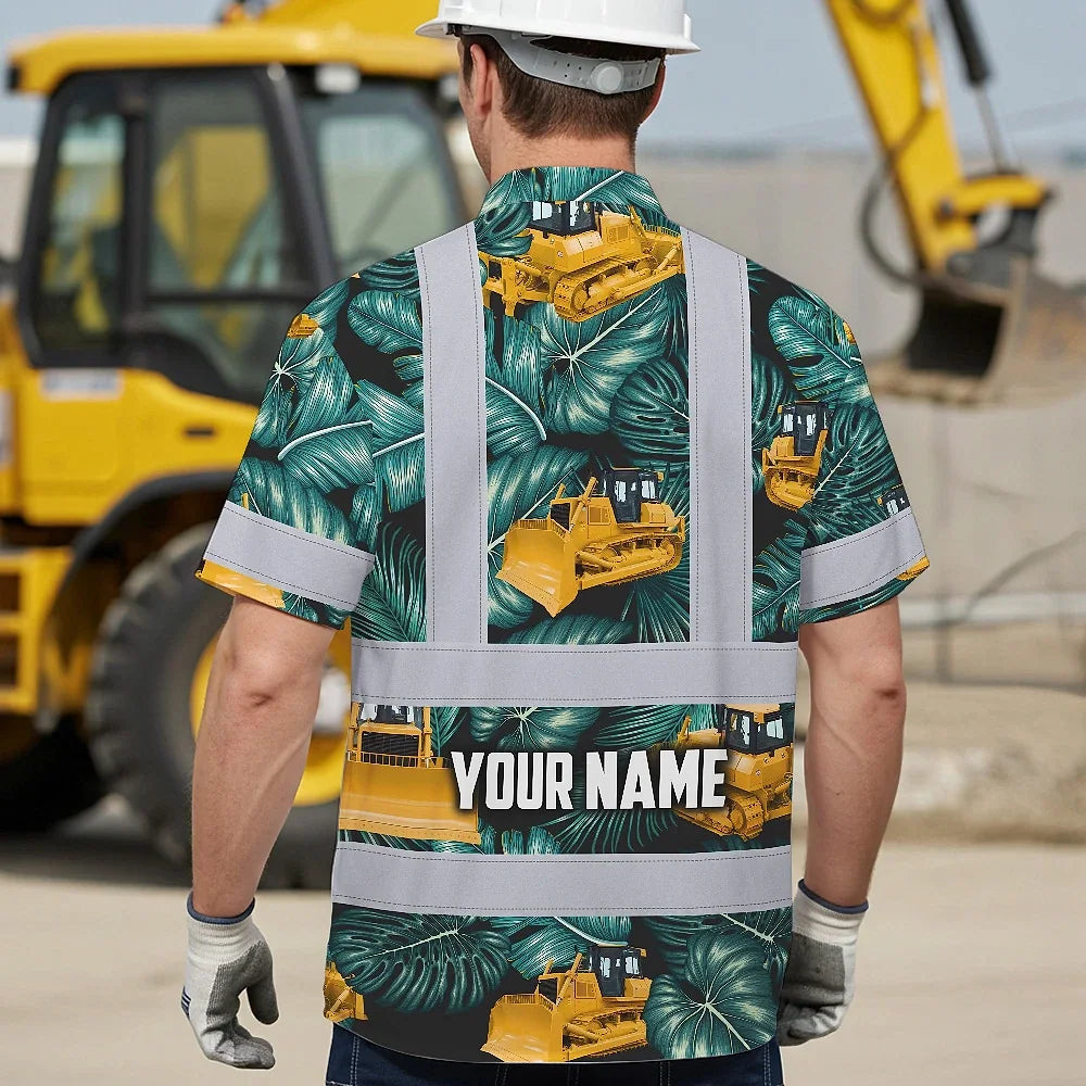 Hi Vis Hawaiian Shirt Reflective Tapes Yellow Bulldozer Custom Name Safety Workwear For Workers, Truckers, Operators