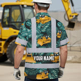 Hi Vis Hawaiian Shirt Reflective Tapes Yellow Bulldozer Custom Name Safety Workwear For Workers, Truckers, Operators