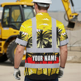 Hi Vis Hawaiian Shirt Reflective Tapes Yellow Coconut Tree Custom Name Safety Workwear For Workers, Truckers, Operators