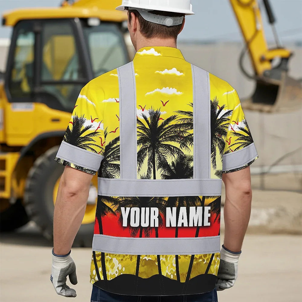 Hi Vis Hawaiian Shirt Reflective Tapes Yellow Coconut Tree Custom Name Safety Workwear For Workers, Truckers, Operators