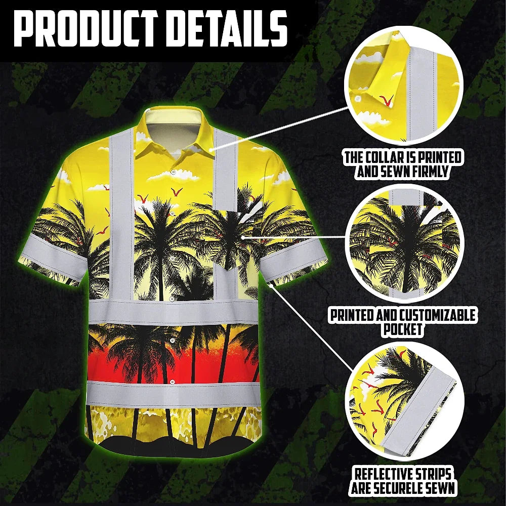 Hi Vis Hawaiian Shirt Reflective Tapes Yellow Coconut Tree Custom Name Safety Workwear For Workers, Truckers, Operators