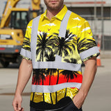 Hi Vis Hawaiian Shirt Reflective Tapes Yellow Coconut Tree Custom Name Safety Workwear For Workers, Truckers, Operators