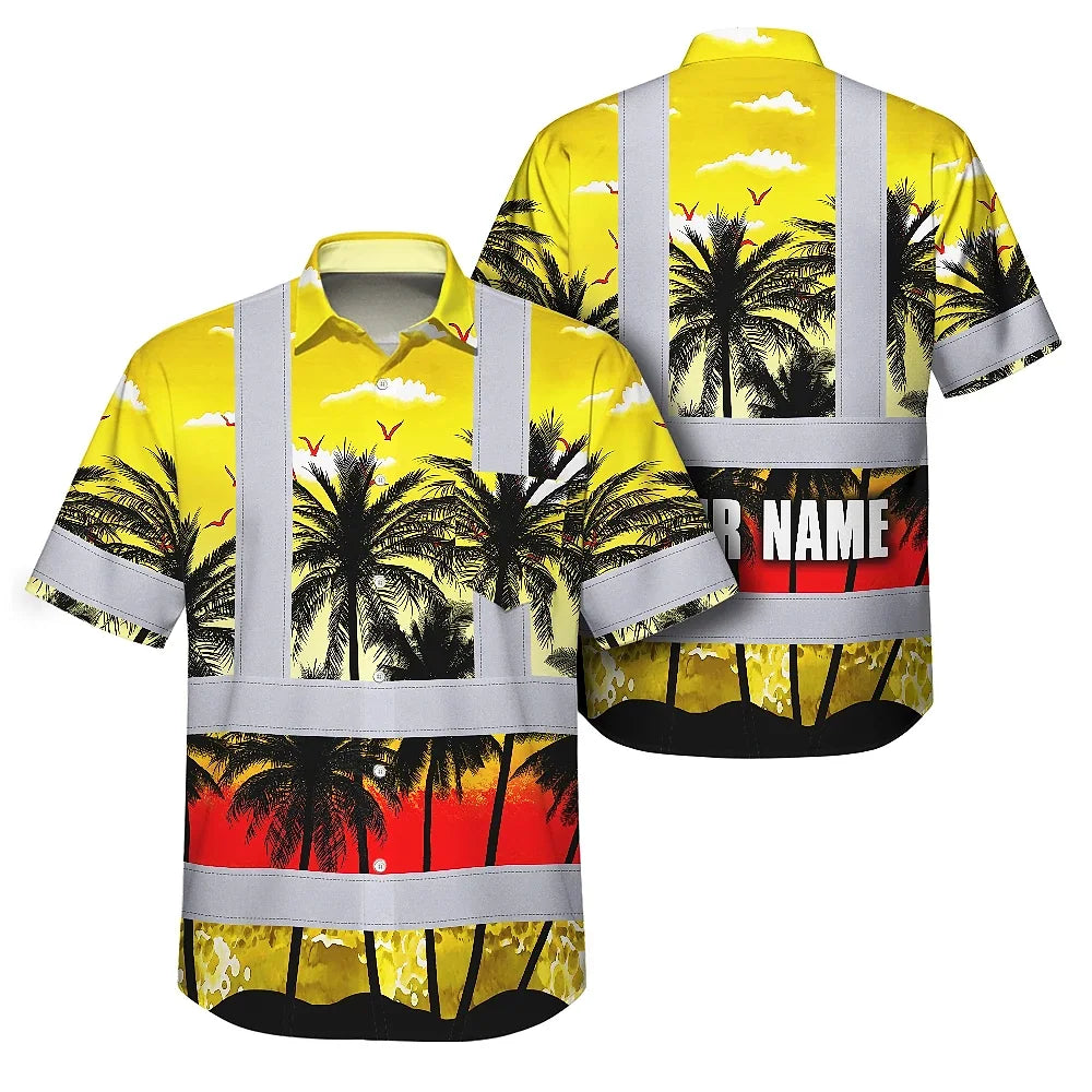 Hi Vis Hawaiian Shirt Reflective Tapes Yellow Coconut Tree Custom Name Safety Workwear For Workers, Truckers, Operators