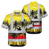 Hi Vis Hawaiian Shirt Reflective Tapes Yellow Coconut Tree Custom Name Safety Workwear For Workers, Truckers, Operators