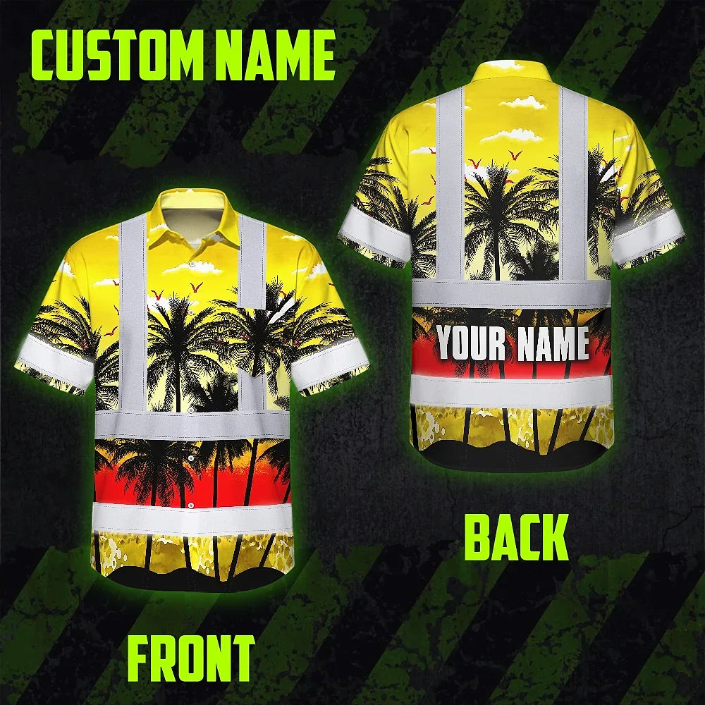 Hi Vis Hawaiian Shirt Reflective Tapes Yellow Coconut Tree Custom Name Safety Workwear For Workers, Truckers, Operators