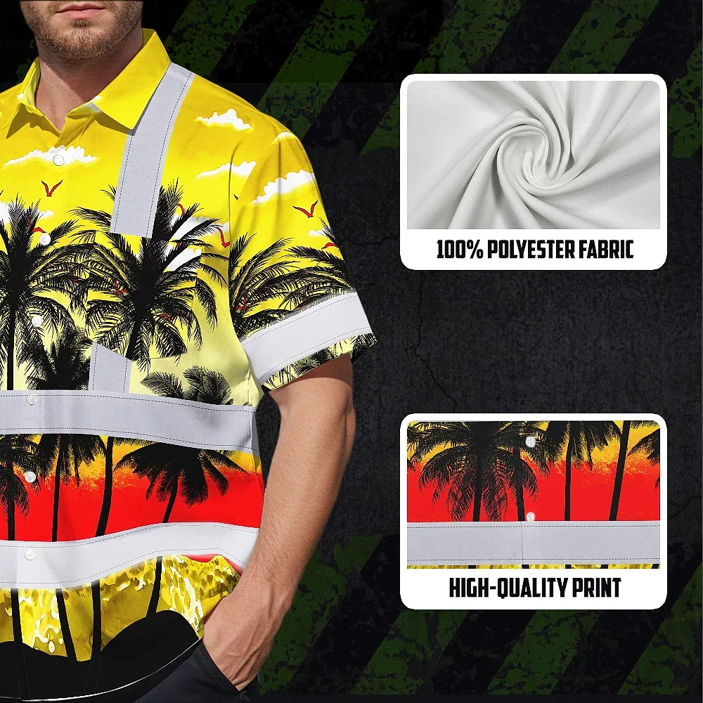 Hi Vis Hawaiian Shirt Reflective Tapes Yellow Coconut Tree Custom Name Safety Workwear For Workers, Truckers, Operators