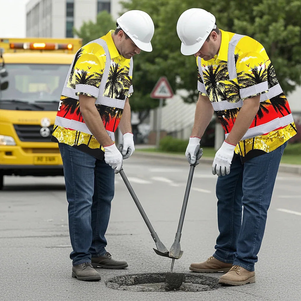 Hi Vis Hawaiian Shirt Reflective Tapes Yellow Coconut Tree Custom Name Safety Workwear For Workers, Truckers, Operators