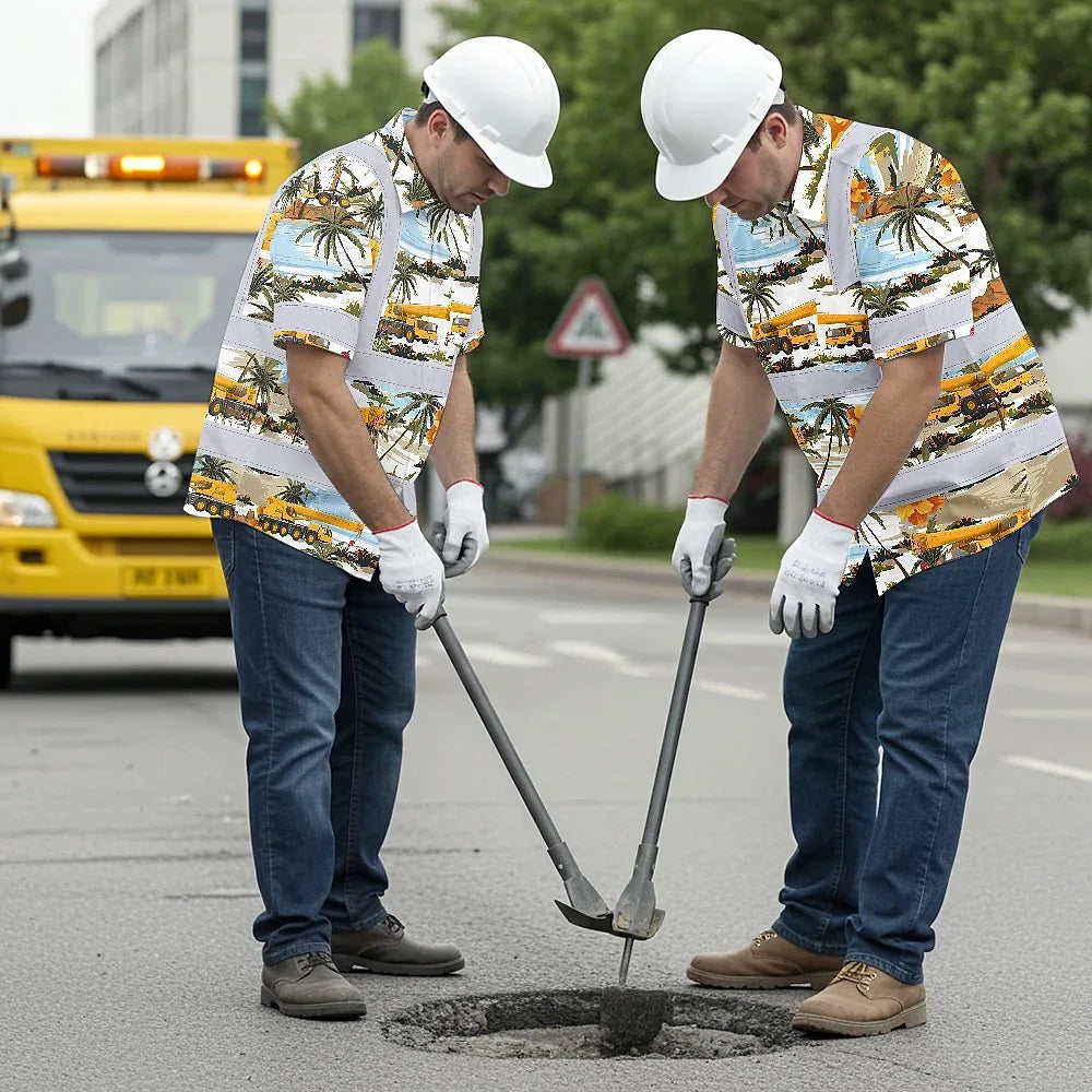 Hi Vis Hawaiian Shirt Reflective Tapes Yellow Mobile Cranes Custom Name Safety Workwear For Workers, Truckers, Operators