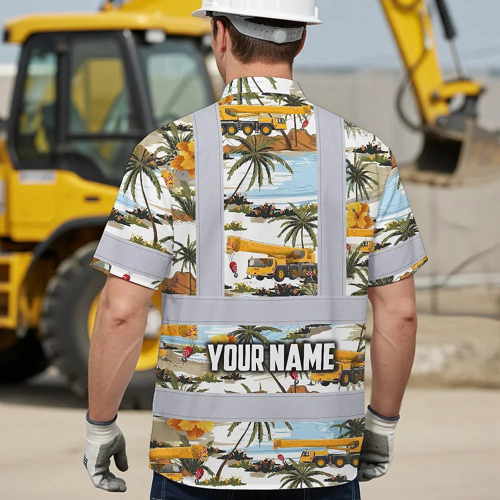 Hi Vis Hawaiian Shirt Reflective Tapes Yellow Mobile Cranes Custom Name Safety Workwear For Workers, Truckers, Operators