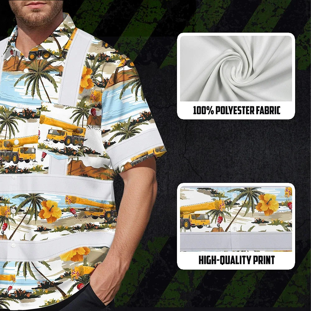 Hi Vis Hawaiian Shirt Reflective Tapes Yellow Mobile Cranes Custom Name Safety Workwear For Workers, Truckers, Operators