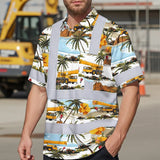 Hi Vis Hawaiian Shirt Reflective Tapes Yellow Mobile Cranes Custom Name Safety Workwear For Workers, Truckers, Operators
