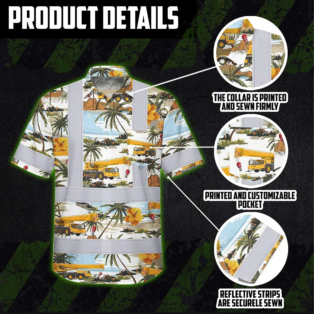 Hi Vis Hawaiian Shirt Reflective Tapes Yellow Mobile Cranes Custom Name Safety Workwear For Workers, Truckers, Operators