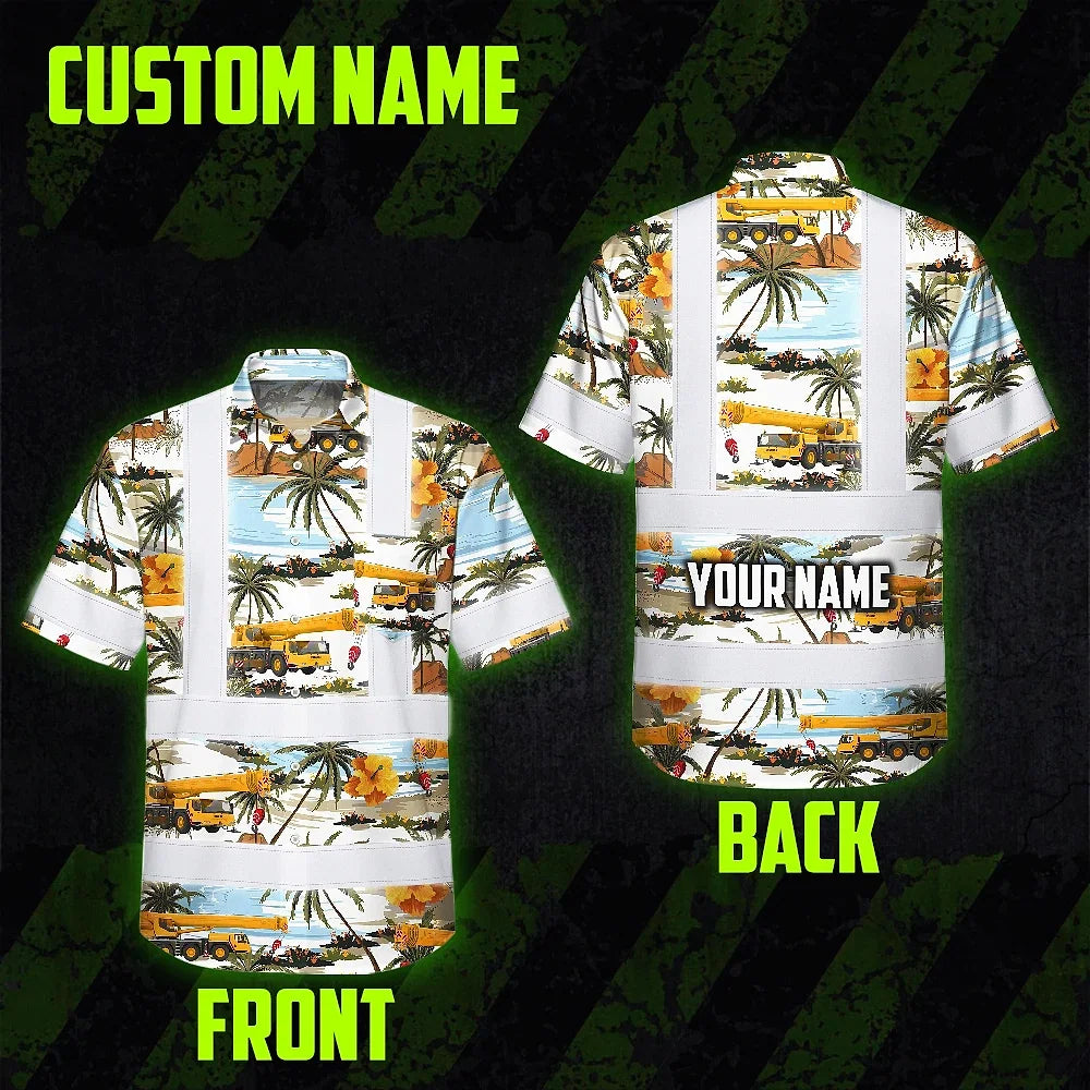 Hi Vis Hawaiian Shirt Reflective Tapes Yellow Mobile Cranes Custom Name Safety Workwear For Workers, Truckers, Operators
