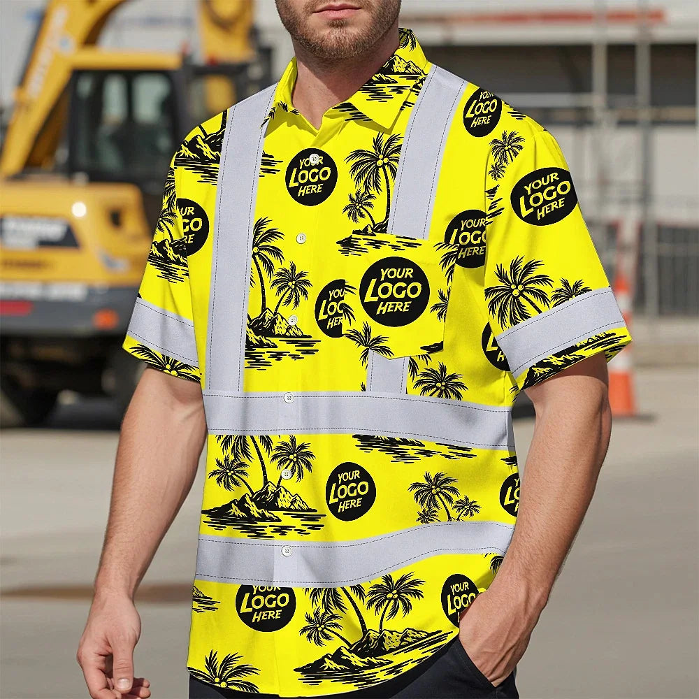 Hi Vis Hawaiian Shirt Reflective Tapes Yellow Neon And Black Flowers Custom Name And Logo Safety Workwear For Workers, Truckers, Operators, Company