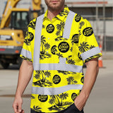 Hi Vis Hawaiian Shirt Reflective Tapes Yellow Neon And Black Flowers Custom Name And Logo Safety Workwear For Workers, Truckers, Operators, Company