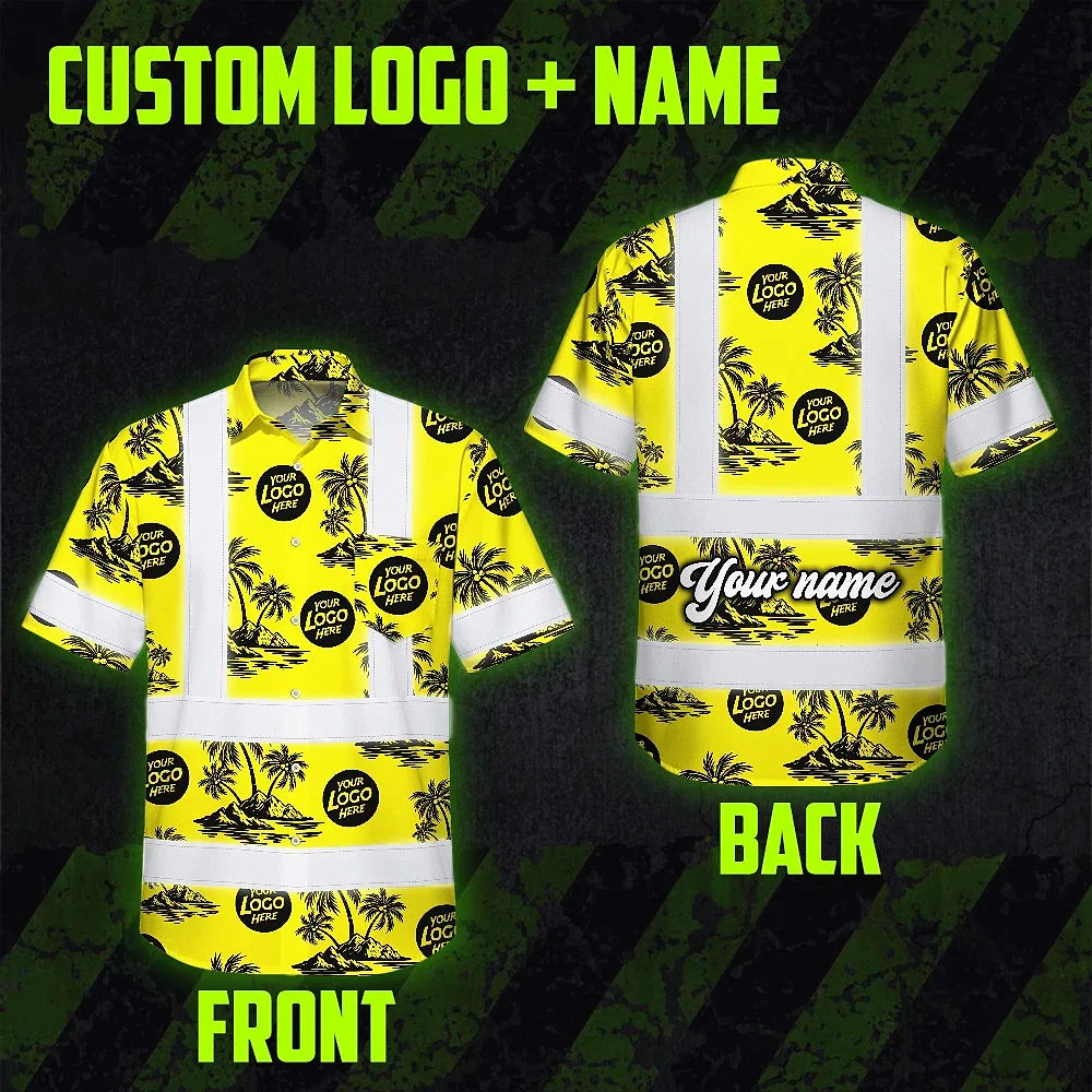 Hi Vis Hawaiian Shirt Reflective Tapes Yellow Neon And Black Flowers Custom Name And Logo Safety Workwear For Workers, Truckers, Operators, Company
