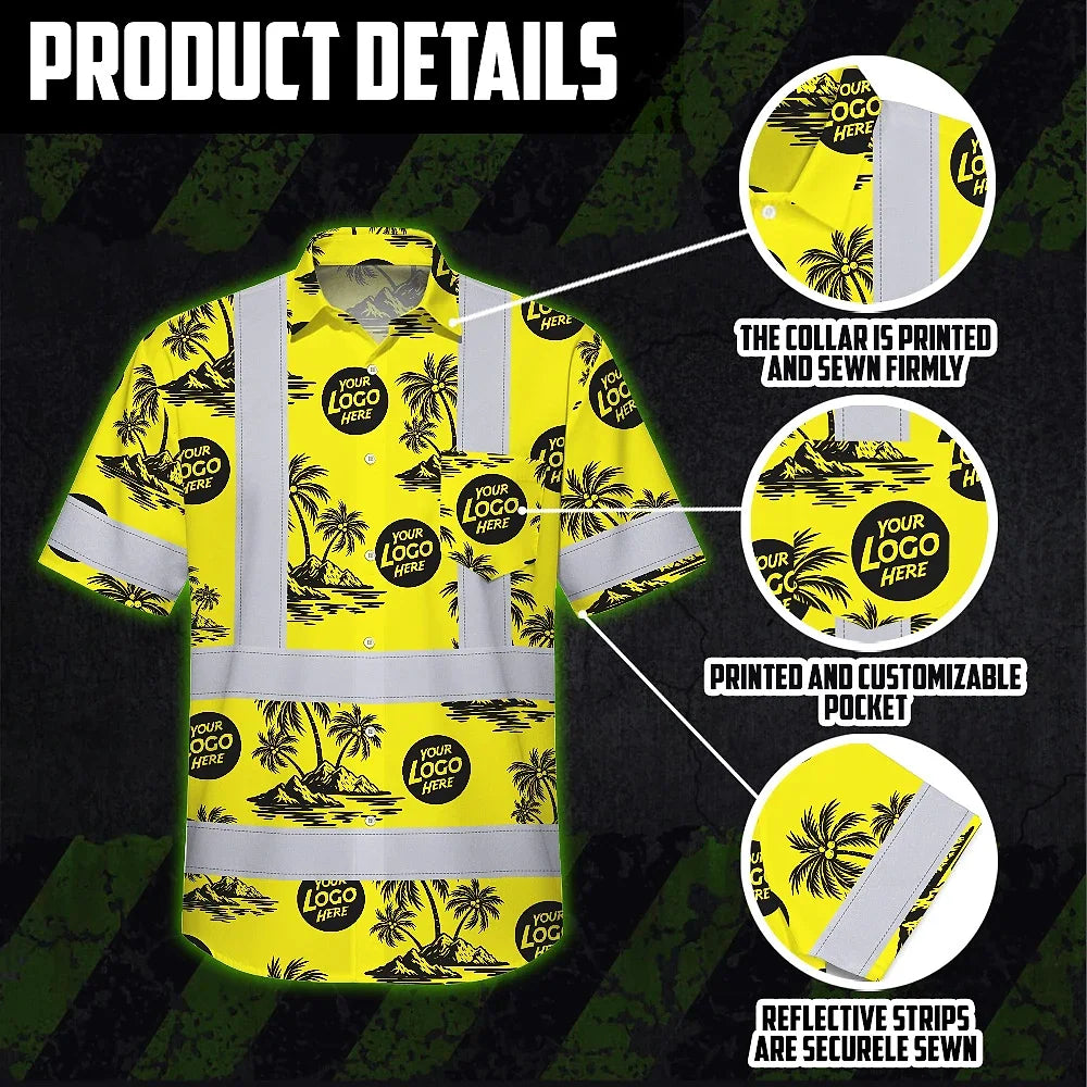 Hi Vis Hawaiian Shirt Reflective Tapes Yellow Neon And Black Flowers Custom Name And Logo Safety Workwear For Workers, Truckers, Operators, Company