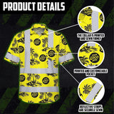 Hi Vis Hawaiian Shirt Reflective Tapes Yellow Neon And Black Flowers Custom Name And Logo Safety Workwear For Workers, Truckers, Operators, Company