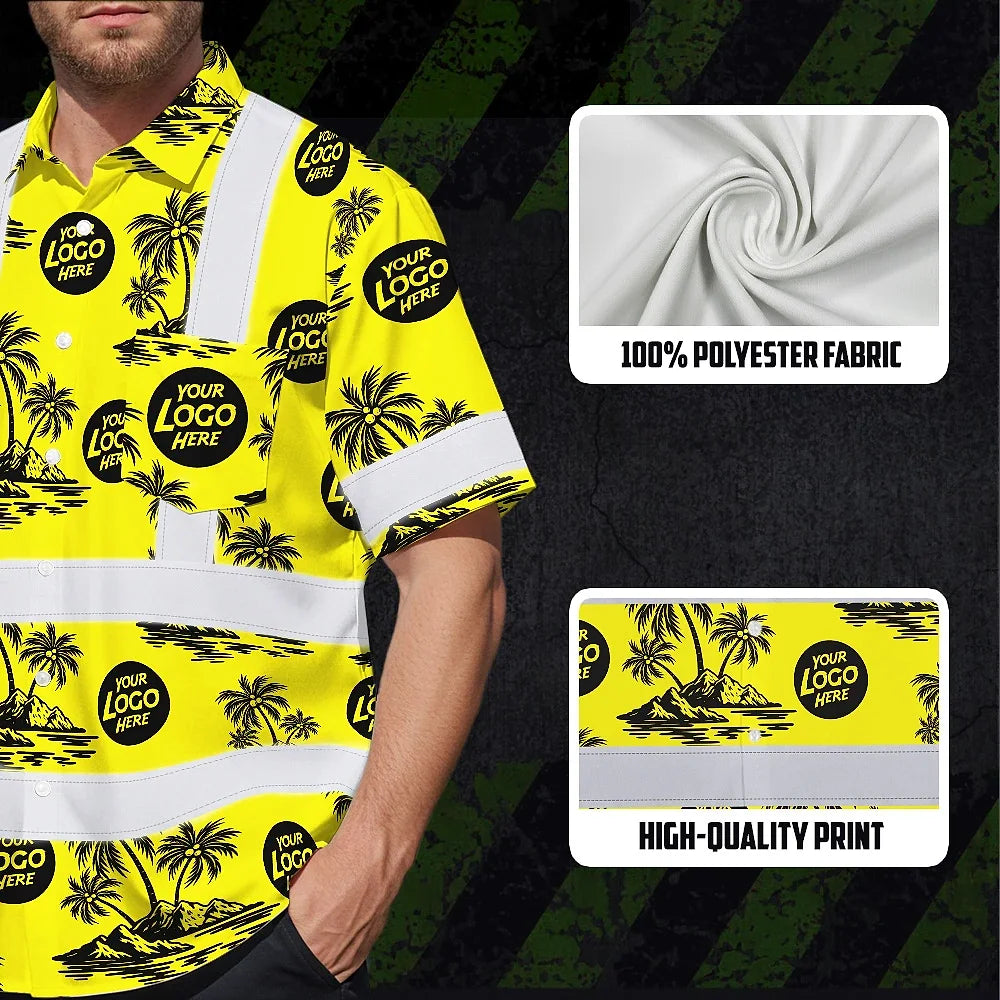 Hi Vis Hawaiian Shirt Reflective Tapes Yellow Neon And Black Flowers Custom Name And Logo Safety Workwear For Workers, Truckers, Operators, Company