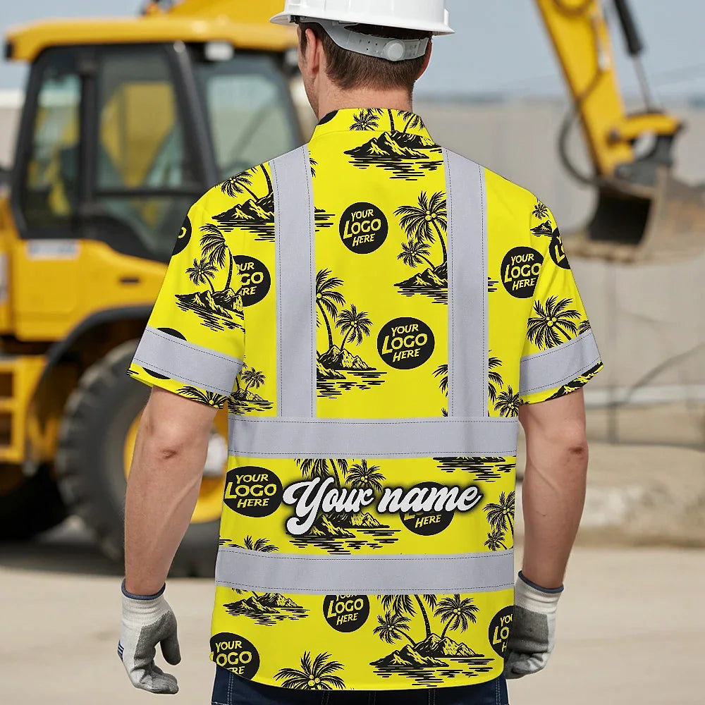 Hi Vis Hawaiian Shirt Reflective Tapes Yellow Neon And Black Flowers Custom Name And Logo Safety Workwear For Workers, Truckers, Operators, Company