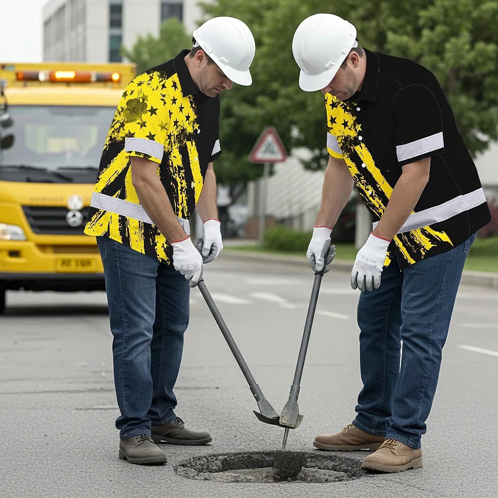 Hi Vis Hawaiian Shirt Reflective Tapes Yellow Neon And Black US Flag