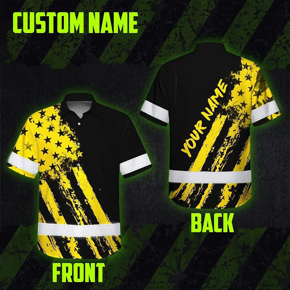 Hi Vis Hawaiian Shirt Reflective Tapes Yellow Neon And Black US Flag