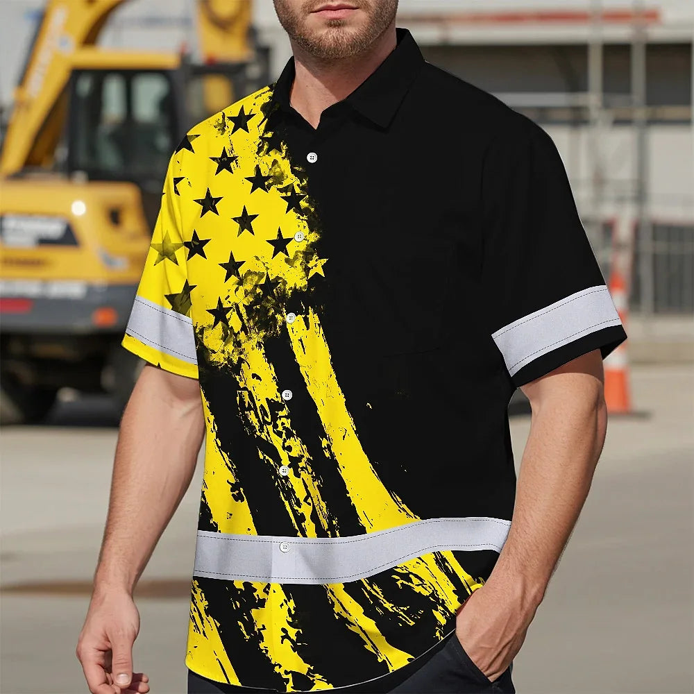 Hi Vis Hawaiian Shirt Reflective Tapes Yellow Neon And Black US Flag
