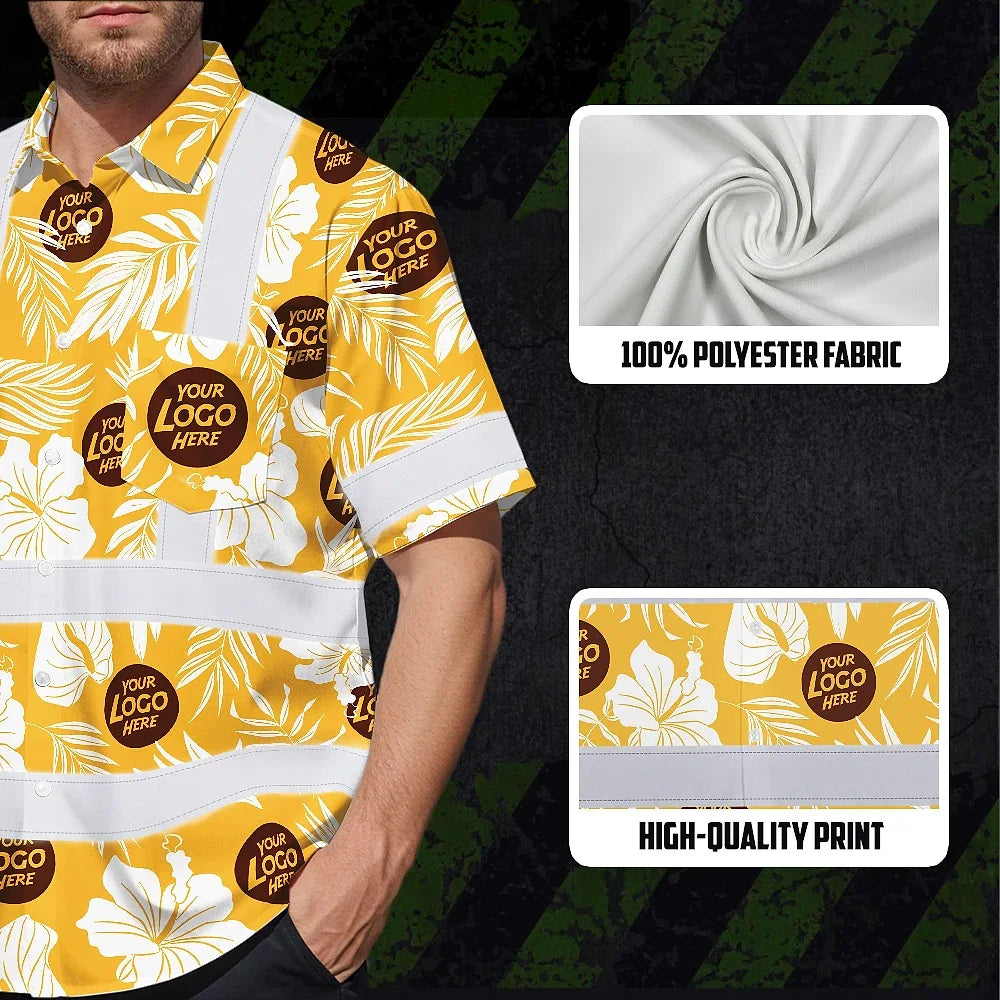 Hi Vis Hawaiian Shirt Reflective Tapes Yellow Neon And White Flowers Custom Name And Logo Safety Workwear For Workers, Truckers, Operators, Company