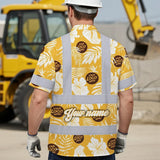 Hi Vis Hawaiian Shirt Reflective Tapes Yellow Neon And White Flowers Custom Name And Logo Safety Workwear For Workers, Truckers, Operators, Company