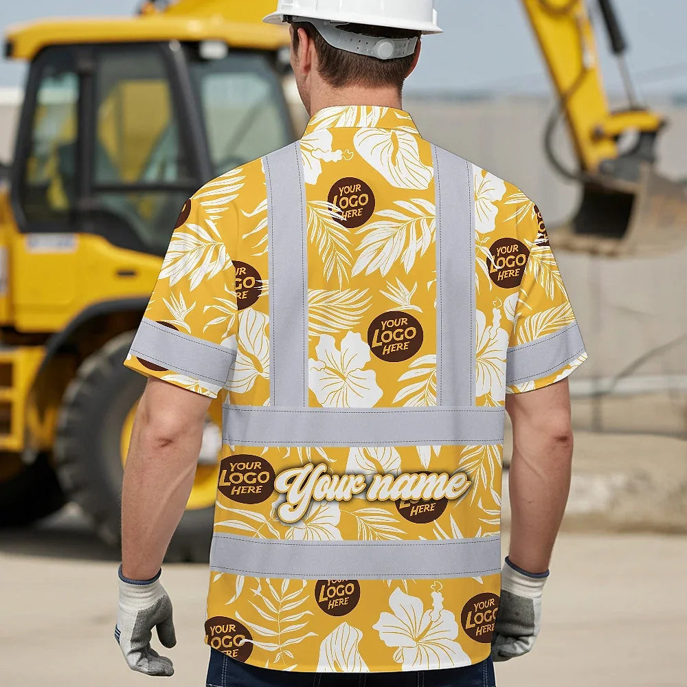 Hi Vis Hawaiian Shirt Reflective Tapes Yellow Neon And White Flowers Custom Name And Logo Safety Workwear For Workers, Truckers, Operators, Company