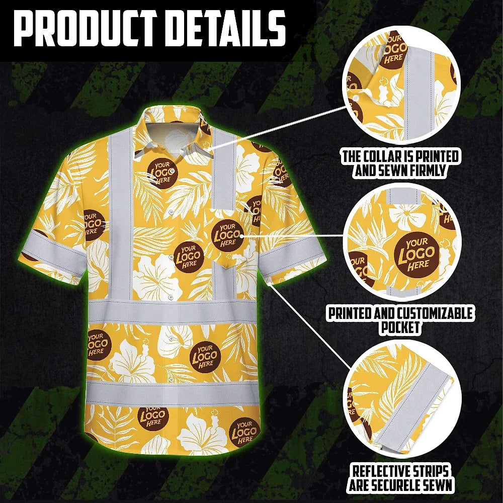 Hi Vis Hawaiian Shirt Reflective Tapes Yellow Neon And White Flowers Custom Name And Logo Safety Workwear For Workers, Truckers, Operators, Company