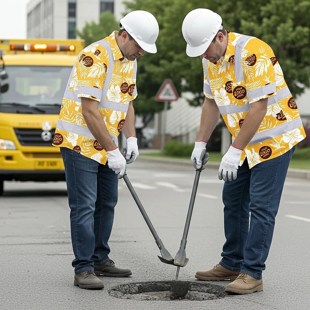 Hi Vis Hawaiian Shirt Reflective Tapes Yellow Neon And White Flowers Custom Name And Logo Safety Workwear For Workers, Truckers, Operators, Company