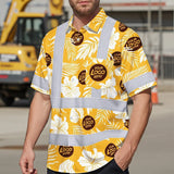 Hi Vis Hawaiian Shirt Reflective Tapes Yellow Neon And White Flowers Custom Name And Logo Safety Workwear For Workers, Truckers, Operators, Company