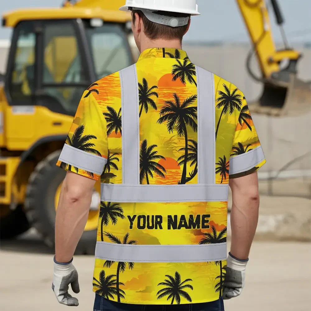 Hi Vis Hawaiian Shirt Reflective Tapes Yellow Neon Flowers Custom Name